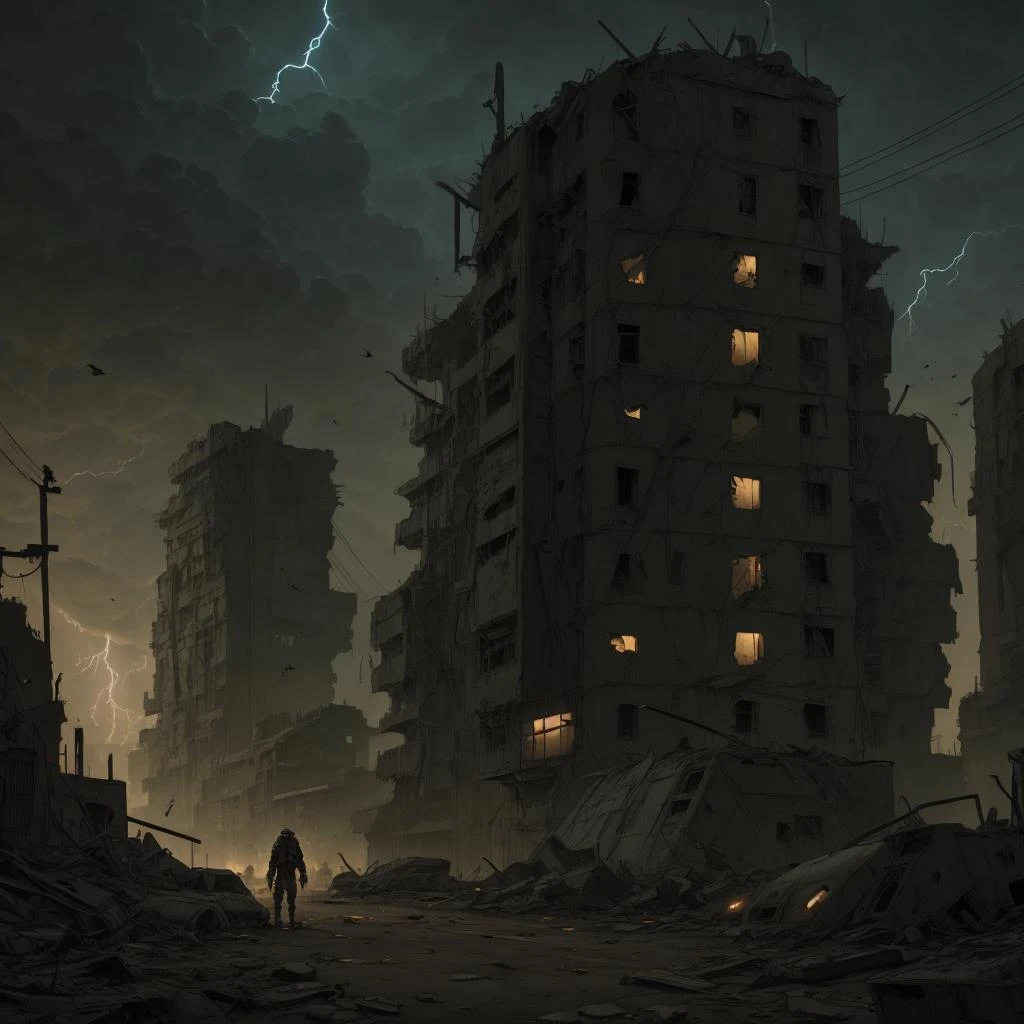 ligne claire illustration, science fiction post-apocalyptic cityscape, crumbling buildings, clouds, lightning, night