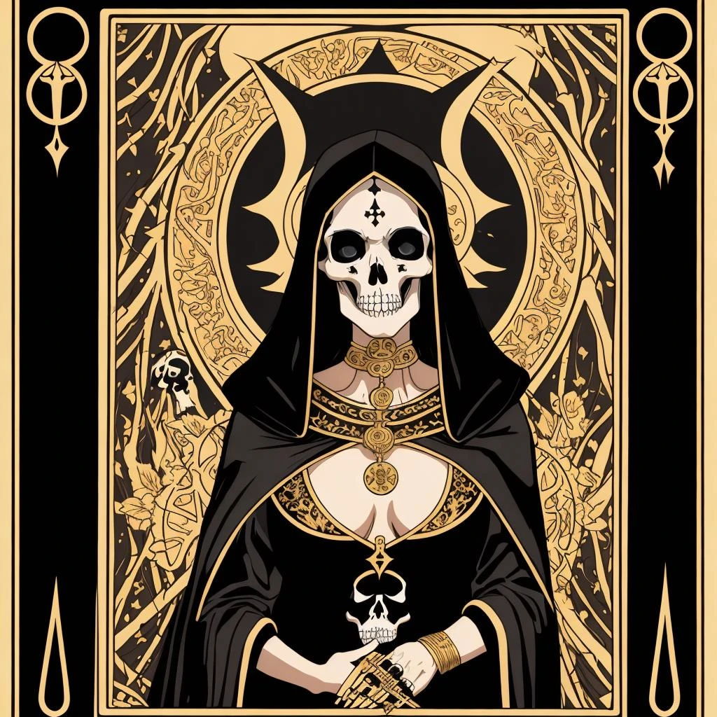 illustration, tarot card, woman in robes, death, skull, gold leaf, intri