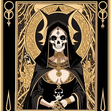 illustration, tarot card, woman in robes, death, skull, gold leaf, intri