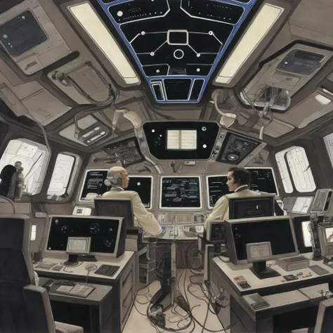 illustration, science fiction, starship interior, control panels, computer monitors, disheveled person, (by Jean-Pierre Gibrat:0.5)