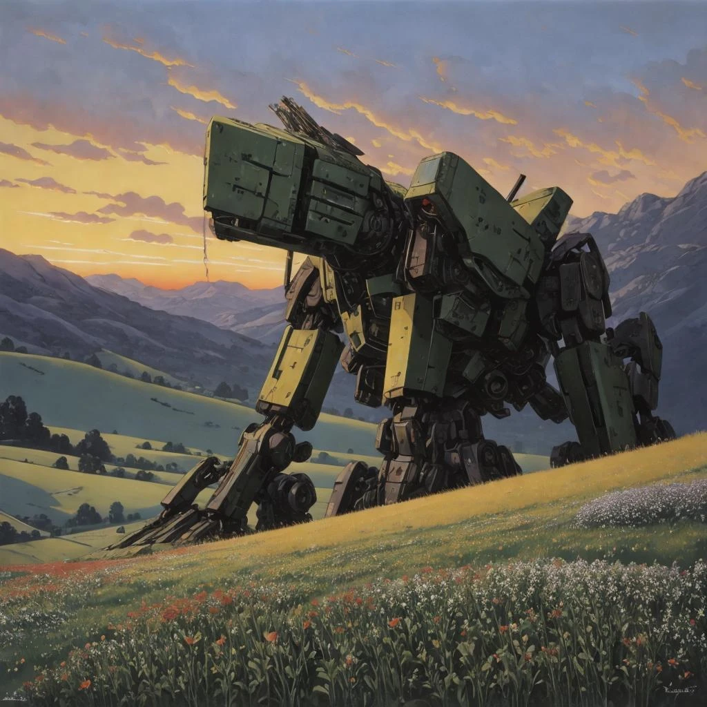 an enormous overgrown derelict mech stands amid a peaceful field of flowers and grass in a mountain valley, clouds, sunset, illustration by Jean-Pierre Gibrat
