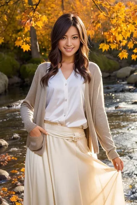 1girl,(wearing a cardigan and long skirt:1.2),(RAW photo, best quality), (realistic, photo-realistic:1.4), masterpiece, an extremely delicate and beautiful, extremely detailed, 2k wallpaper, Amazing, finely detail, extremely detailed CG unity 8k wallpaper, ultra-detailed, highres, soft light, beautiful detailed girl, extremely detailed eyes and face, beautiful detailed nose, beautiful detailed eyes,cinematic lighting,(autumn scenery:1.3),(maple trees in autumn),(by a small rocky river),(morning light),perfect anatomy,slender body, <lora:takimotomiori_lora:0.8>,(smiling)