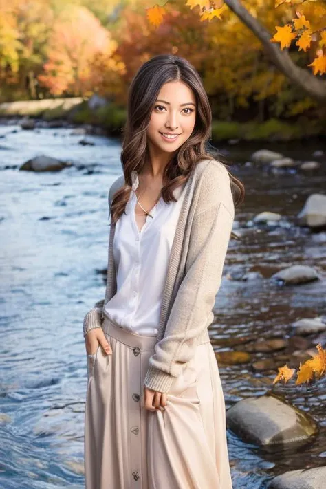 1girl,(wearing a cardigan and long skirt:1.2),(RAW photo, best quality), (realistic, photo-realistic:1.4), masterpiece, an extremely delicate and beautiful, extremely detailed, 2k wallpaper, Amazing, finely detail, extremely detailed CG unity 8k wallpaper, ultra-detailed, highres, soft light, beautiful detailed girl, extremely detailed eyes and face, beautiful detailed nose, beautiful detailed eyes,cinematic lighting,(autumn scenery:1.3),(maple trees in autumn),(by a small rocky river),(morning light),perfect anatomy,slender body, <lora:takimotomiori_lora:0.8>,(smiling)