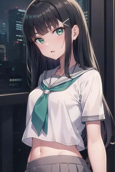 diakurosawa, <lora:diakurosawa:1>, dia kurosawa, black hair, (green eyes:1.5), blunt bangs, grey skirt, hair ornament, hairclip, mole, mole under mouth,
BREAK grey skirt, midriff peek, pleated skirt, school uniform, serafuku, short sleeves, skirt, uranohoshi school uniform,
BREAK looking at viewer,
BREAK city, 
BREAK <lora:GoodHands-vanilla:1>, (masterpiece:1.2), best quality, high resolution, unity 8k wallpaper, (illustration:0.8), (beautiful detailed eyes:1.6), extremely detailed face, perfect lighting, extremely detailed CG, (perfect hands, perfect anatomy),