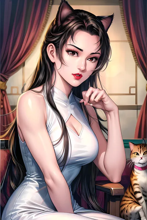 yuanshen,1girl,black hair,long hair,solo,lipstick,makeup,brown eyes,black eyes,<lora:add_detail:0.5>,<lora:epiNoiseoffset_v2:0.5>,<lora:EnvyBetterHands LoCon_beta2:1>,<lora:小龙女1:0.8>,perfect hands,sitting,white dress,looking at viewer,red lips,upper body,paw pose,cat's ear,