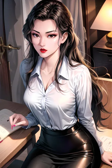 yuanshen,1girl,black hair,long hair,solo,lipstick,makeup,brown eyes,black eyes,<lora:add_detail:0.5>,<lora:epiNoiseoffset_v2:0.5>,<lora:EnvyBetterHands LoCon_beta2:1>,<lora:小龙女1:0.8>,perfect hands,sitting,looking at viewer,red lips,upper body,<lora:ss pencil skirt_V1.1:0.65>,ss pencil skirt,looking at viewer,