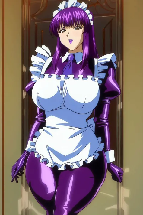 high resolution, masterpiece, high quality, perfect face, <lora:HibinoYayoi:1>, hibinoyayoi, (skintight purple latex dress), maid, maid headdress, maid apron, very large breasts, extremely glossy, thick lips, purple gloves, hands over lap, ((mansion foyer))
