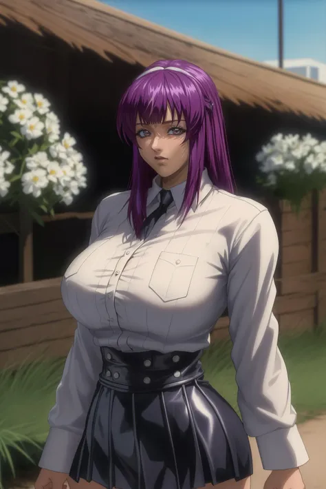(masterpiece, best quality, high quality, highres, ultra-detailed),  1girl, HibinoYayoi, upper body, cowboy shot,  portrait, looking at viewer, black pleated skirt, white shirt,  leather boots, outdoors, garden, purple hair, long hair,  <lora:HibinoYayoi:1>