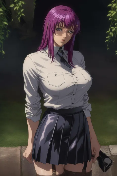 (masterpiece, best quality, high quality, highres, ultra-detailed), 1girl, HibinoYayoi, upper body, cowboy shot, portrait, looking at viewer, black pleated skirt, white shirt, leather boots, outdoors, garden, purple hair, long hair, <lora:HibinoYayoi:1>