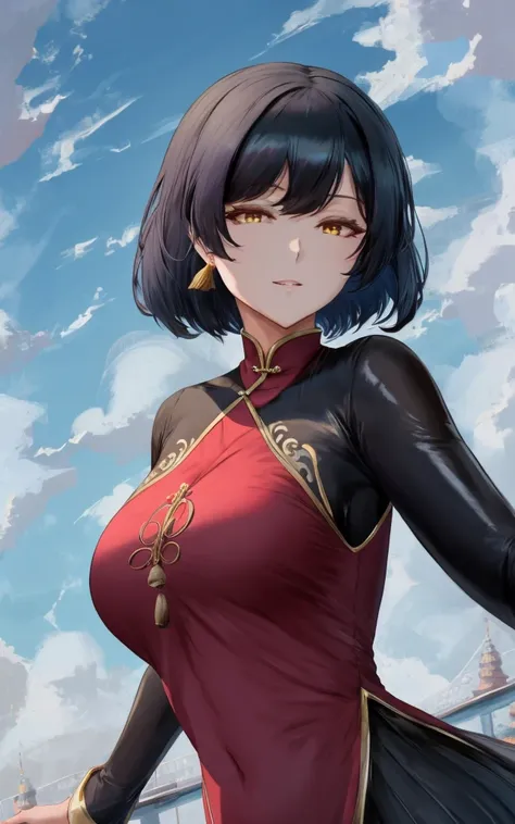 (full_body), (flying), chinese clothes, china dress, (shiny_skin), black hair, (floating_hair), yellow eyes, cinematic, clouds, looking at viewer, from_below, best_quality, highly_detailed, 8k_uhd