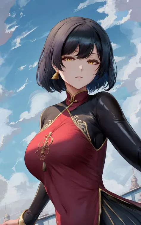 (full_body), (flying), chinese clothes, china dress, (shiny_skin), black hair, (floating_hair), yellow eyes, cinematic, clouds, looking at viewer, from_below, best_quality, highly_detailed, 8k_uhd