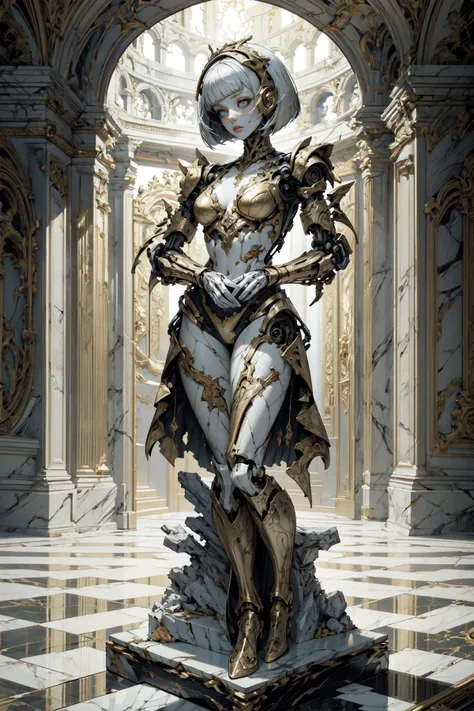(masterpiece, best quality, detailed, ornate, aesthetic, vibrant colors), (solo:1.2), doll, standing still on a pedestal, posing like a statue, pale, cyborg, (robot parts), bionic joins, biomechanical, (blunt bangs, bob cut), expressionless, empty gaze, looking down, (M4rbleSCNEW), rococo, golden accents, opulent, marble floor, (god rays), <lora:M4rbleSCNEWCIVIT:1.0>