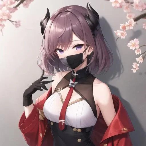(masterpiece, best quality:1.2),absurdres,highres,1girl,solo,upper body,(portrait:1.2),kirishima (azur lane),black dress,black footwear,black horns,black shorts,looking at viewer,mask,medium hair,microdress,mouth mask,open clothes,open coat,purple hair,red coat,rudder footwear,sakura empire (emblem),sleeveless dress,violet eyes,white gloves,<lora:Kirishima(azur):0.8>,