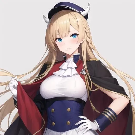 (masterpiece, best quality:1.2),absurdres,highres,1girl,solo,upper body,(portrait:1.2),kongou (azur lane),black thighhighs,blonde hair,blue eyes,cape,garter straps,hand on hip,hat,horns,long hair,military uniform,pleated skirt,side braid,white gloves,white skirt,<lora:Kongou(azur)>,