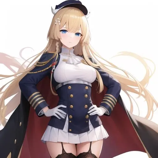 (hyper extreme detailed),(masterpeace),(hyper extreme),(photorealistic),CG,(colour:1.2), beautiful lighting,light from the front,rating:safe,solo, <lora:kongou:0.5>,kongou,blonde hair,long hair,blue eyes,white_gloves,garter_straps,zettai_ryouiki,pleated_skirt,white_skirt,stoking,high_heels,white shrite,long_sleeves,black_cape,short_dress,