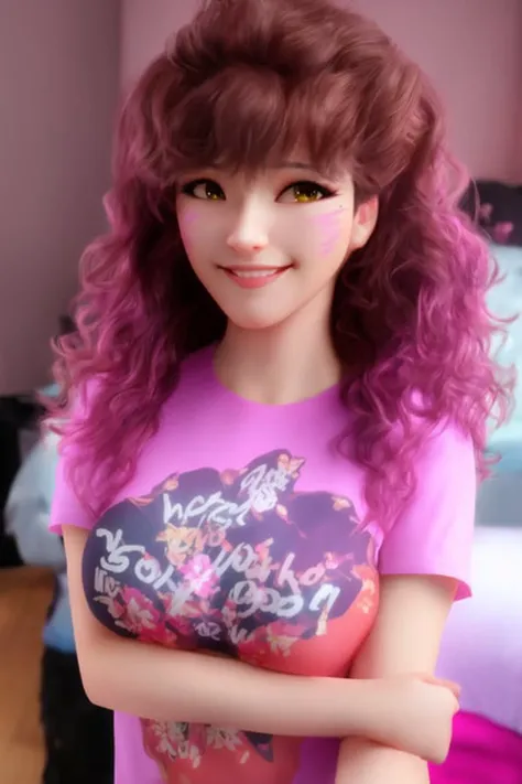 masterpiece, realistic, 1girl, looking at viewer, messy hair, curly hair, d.va \(overwatch\), <lora:3d Girls:1>, t-shirt, bedroom, smile, floral print, gradient hair, cute, whisker markings,