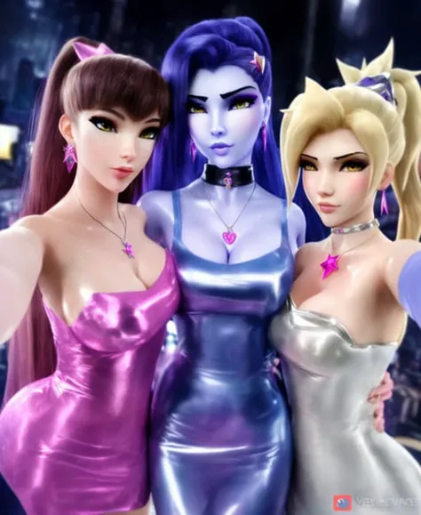 <lora:3d Girls:1>, widowmaker \(overwatch\) and d.va \(overwatch\) and and mercy \(overwatch\, face, 3girls, masterpiece, 3d, realistic, blonde hair, depth of field, wrinkled fabric, looking at viewer, huge breasts, shiny skin, hug, depth of field, sweat, wet, selfie, tight dress, foreshortening, k/da \(league of legends\), breast press, choker, jewelry, earrings, makeup, tied hair, hairclip, pendant,