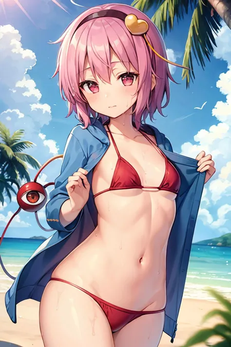 masterpiece, best quality,   <lora:KomeijiSatori:1>,1girl, komeiji satori, solo, bikini, swimsuit, pink hair, hairband, third eye, outdoors, navel, pink eyes, day, tree, heart, looking at viewer, blush, palm tree, short hair, wet, breasts, sky, hood, frills, small breasts, frilled bikini, cloud, beach, open clothes, pink bikini, collarbone, water, long sleeves, blue sky, hoodie, hair ornament, cowboy shot, jacket, eyeball, ocean, hair between eyes, dutch angle, red bikini