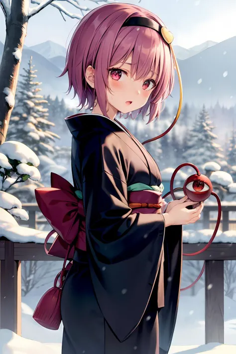 masterpiece, best quality, <lora:KomeijiSatori:1>,komeiji satori, 1girl, solo, japanese clothes, kimono, hairband, short hair, pink hair, third eye, water, heart, snow, tree, wide sleeves, bath yukata, long sleeves, red eyes, blush, alternate costume, hanten (clothes), outdoors, sash, yukata, waterfall, bare tree, black hairband, parted lips, black kimono, winter, heart hair ornament, from side, eyeball, pink eyes, open mouth, snowing, obi, onsen, mountain, hair ornament, standing, day
