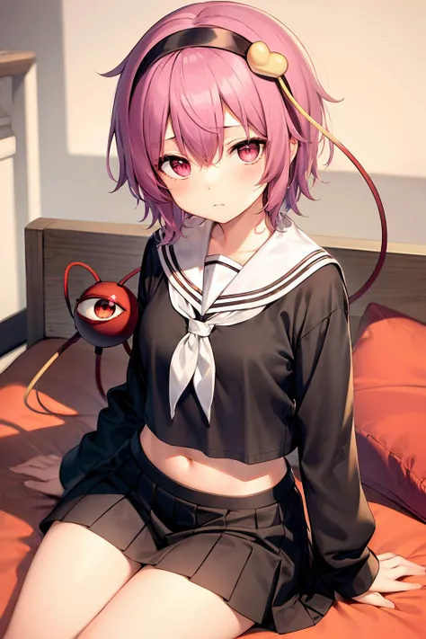 masterpiece, best quality, <lora:KomeijiSatori:1>,komeiji satori, 1girl, skirt, solo, short hair, hairband, pink hair, school uniform, looking at viewer, serafuku, heart, long sleeves, black skirt, alternate costume, third eye, pink eyes, pleated skirt, pillow, hair between eyes, shirt, black hairband, black serafuku, blush, heart hair ornament, black shirt, bangs, sailor collar, eyeball, simple background, hair ornament, midriff peek, red eyes, miniskirt, black sailor collar, neckerchief, lying, sitting, brown background