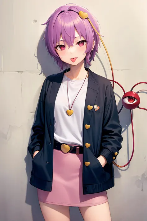 masterpiece, best quality, <lora:KomeijiSatori:1>,1girl, solo, komeiji satori, hair ornament, pink skirt, skirt, short hair, third eye, heart, shirt, looking at viewer, contemporary, long sleeves, jacket, purple hair, white shirt, heart hair ornament, cowboy shot, alternate costume, open clothes, bangs, hairclip, hand in pocket, holding, open jacket, standing, against wall, belt, casual, holding food, pink eyes, wall, shadow, red eyes, adapted costume, hand up, letterman jacket, tongue, blue jacket, off shoulder, denim, badge, hair between eyes, miniskirt, tongue out, eyeball, blush,