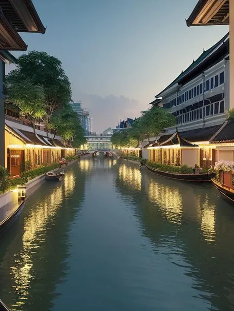 (octane render), ((canal design)), city living , <lora:rescape:0.45> , (masterpiece) , landscape , (gondola), ((bangkok)) , garden in the canal