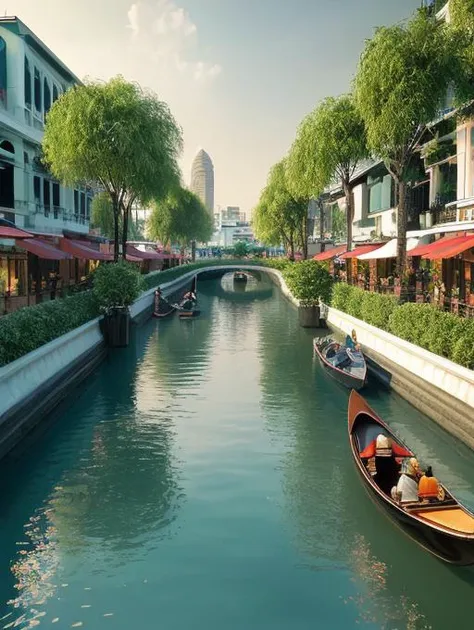 (octane render), ((canal design)), city living , <lora:rescape:0.45> , (masterpiece) , landscape , (gondola), ((bangkok)) , garden in the canal