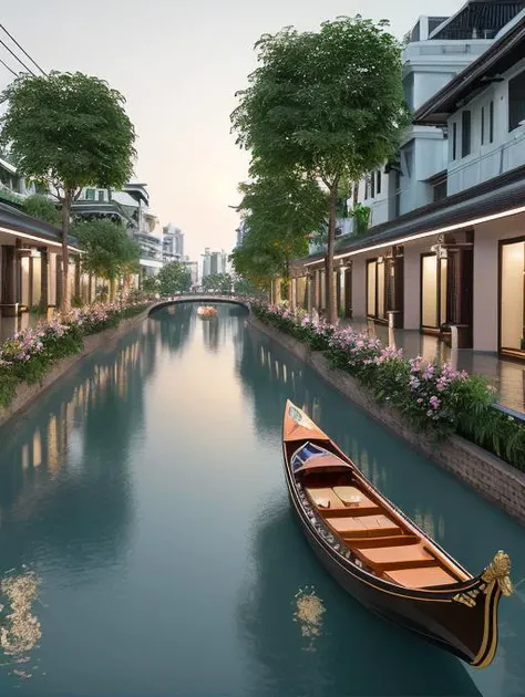 (octane render), ((canal design)), city living , <lora:rescape:0.45> , (masterpiece) , landscape , (gondola), ((bangkok)) , garden in the canal