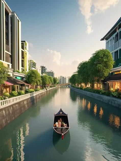 (octane render), ((canal design)), city living , <lora:rescape:0.45> , (masterpiece) , landscape , (gondola), ((bangkok)) , garden in the canal