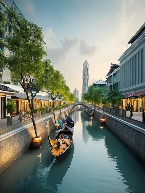 (octane render), ((canal design)), city living , <lora:rescape:0.45> , (masterpiece) , landscape , (gondola), ((bangkok)) , garden in the canal