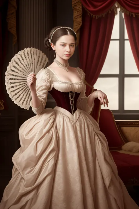 Hyperrealistic art full body portrait of a Victorian-era woman, dressed in a sumptuous gown, with her hair arranged in elaborate curls, holding a delicate fan in her gloved hand . Extremely high-resolution details, photographic, realism pushed to extreme, fine texture, incredibly lifelike