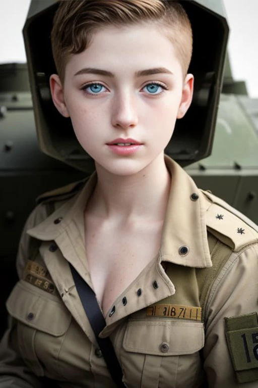 Highest quality, (dramatic lighting:0.7), masterpiece, high angle shot, RAW photo of (pale 21 year old woman with short hair, looking up at the viewer), cute, (wearing Tattered combat fatigues, Disheveled), (sitting inside a tank), portrait, perfect face, alluring eyes, vivid detail, (highly detailed skin), freckles, sfw, (blue tint:0.6), (dirty:0.8), (bloody:0.7), key lighting, (backlighting:0.5), medium depth of field, photographed on a Canon 5D, 50mm lens, F/4 aperture, (hyperdetailed, intricate details), sharp focus, muted colors, 8k, absurdres, 8mm film grain, war photography