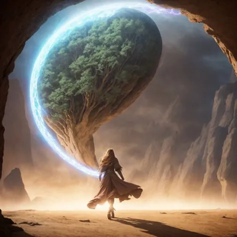 Highest quality, masterpiece, rear angle, stylized photo, of (beautiful woman walking through a large time-bending portal into an alternate universe), in majestic Tolkien inspired [fantasy|cyberpunk] setting, [sci-fi], LoTR, vivid details, surrealism, (time travel:0.6), (mountains:0.7), photorealistic, by greg rutkowski, extremely detailed CG artwork, raytracing, medium depth of field, beautiful lighting, dynamic shadows, photographed on a Fujifilm GFX 100, F/2.8, 105mm lens, (highly detailed, intricate detail), UHD, 8K, absurdres,  sharp focus, full body, establishing shot, standing on the edge of time