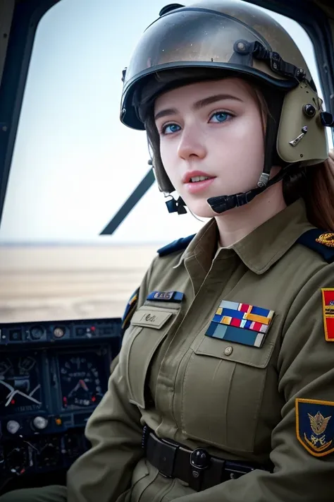 Highest quality, (dramatic lighting:0.7), masterpiece, high angle shot, RAW photo of (pale 21 year old woman wearing military pilot helmet, IHADSS, looking up at the viewer), cute, (wearing combat fatigues, skin tight), (sitting in the pilot seat of US attack helicopter), portrait, perfect face, alluring eyes, vivid detail, (highly detailed skin), freckles, sfw, (blue tint:0.6), (dirty:0.8), (bloody:0.7), key lighting, (backlighting:0.5), medium depth of field, photographed on a Leica SL (Typ 601) Mirrorless Digital Camera, 50mm lens, F/4 aperture, (hyperdetailed, intricate details), sharp focus, muted colors, 8k, absurdres, 8mm film grain, war photography