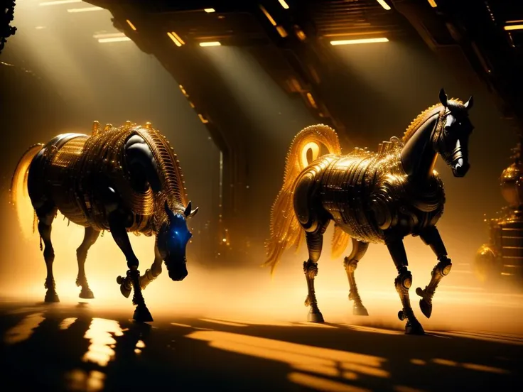 UHD, 8K, ultra detailed, a cinematic photograph of ici, a gold mechanical humanoid creature walking next to a horse, beautiful lighting, great composition