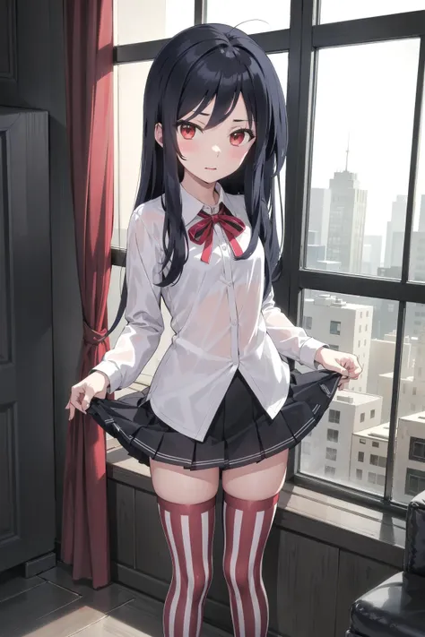 (Manhwa style), a sexy girl, long black straight hair, black eyes, beautiful eyes, blush on make up, red eyeliner, twintail hair, neck tie, white shirt, mini pleated skirt, stockings, garter belt, big breasts, blushing, smiling, (high quality), (best quality), (full body), sexy lips