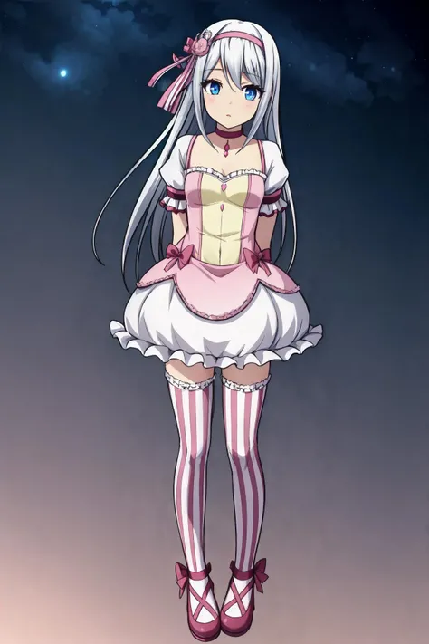 1girl, looking_at_viewer, solo, highres, masterpiece,  <lora:chara_Kaguya-samaWaKokurasetai_ShiroganeKei_v1:0.8>, shirogane_kei, kei1, blue eyes, long hair, ribbon, bangs, collarbone, grey hair, hair ornament, black hairband, neck ribbon, hair between eyes, medium breasts, <lora:stripedthighhighs:0.55>, stripedthighhighs, (pink and white vertical striped thighhighs), highly detailed face, highly detailed eyes, <lora:MadokaCostumePackV1_2:1>, madoka outfit, rich background, starry sky, night, arms behind back, (leaning forward:0.5),   <lora:add_detail:0.3>,
