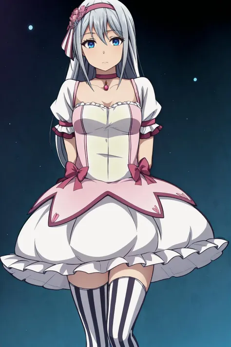 1girl, looking_at_viewer, solo, highres, masterpiece,  <lora:chara_Kaguya-samaWaKokurasetai_ShiroganeKei_v1:0.8>, shirogane_kei, kei1, blue eyes, long hair, ribbon, bangs, collarbone, grey hair, hair ornament, black hairband, neck ribbon, hair between eyes, , <lora:stripedthighhighs:0.55>, stripedthighhighs, pink and white vertical striped thighhighs, highly detailed face, highly detailed eyes, <lora:MadokaCostumePackV1_2:1>, madoka outfit, rich background, starry sky, night, arms behind back, (leaning forward:0.5),   <lora:add_detail:0.3>,