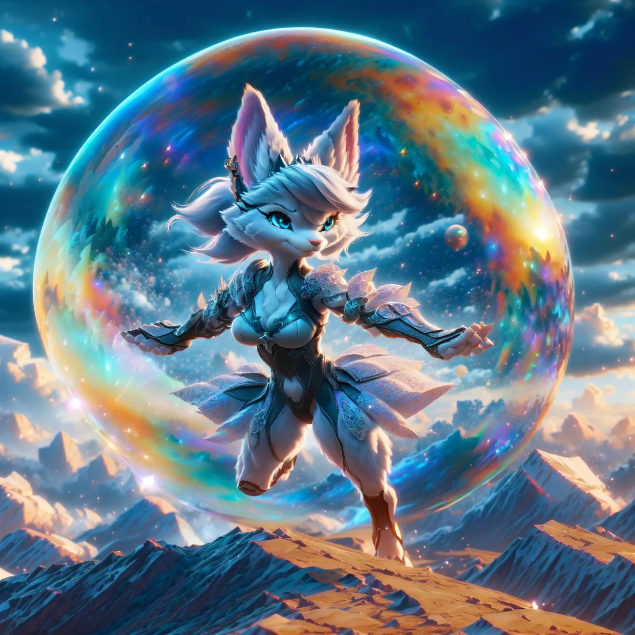 <lora:Rivet:0.9>,1girl, furry, rivetlombax, blue eyes, animal ears, superhero costume, detailed fluffy fur, long hair, large boobs, friendly smile , one eye closed, action pose,
rainy, barren mountain, ice clouds, forcefield,
(masterpiece:1.2, intricate details:1.2, best quality:1.2, sharp:1.2, elegant:1.2, majestic:1.2), (photographic:1.2), (realistic:1.2), (photorealistic:1.2)
cinematic light, vivid colors <lora:iridescent_bubble_v1:1>