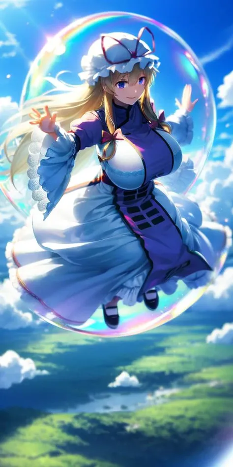 <lora:iridescent_bubble_v1:0.5>, day, sky, outdoors, rainbow, (full body:1.3), flying, <lora:yukari:1>, yakumo yukari,1girl inside a bubble, hat, blonde hair,long hair, dress,ribbon, hat ribbon, purple eyes,bow, mob cap, frills, long sleeves, tabard, socks, wide sleeves, hair bow, white dress,seductive smile,(gigantic breasts:1)