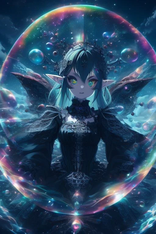 (gothic elf girl: 1.3), tattoos, detailed background, nebula, intricate details, (upper body), masterpiece, (perfect face: 1.2) <lora:KoV1.0:1> <lora:iridescent_bubble_v1:0.8> bubble, sky, day, outdoors, rainbow, cloudy sky, cloud