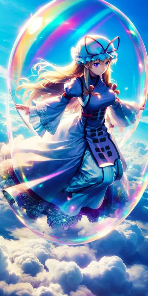 <lora:iridescent_bubble_v1:0.5>, day, sky, outdoors, rainbow, (full body:1.3), flying, <lora:yukari:1>, yakumo yukari,1girl inside a bubble, hat, blonde hair,long hair, dress,ribbon, hat ribbon, purple eyes,bow, mob cap, frills, long sleeves, tabard, socks, wide sleeves, hair bow, white dress,(gigantic breasts:1)