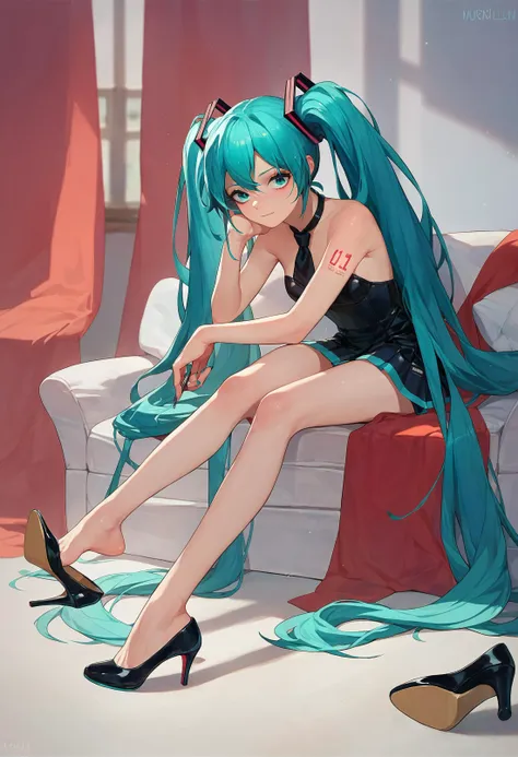 score_9_up score_8_up score_7_up, 1girl, high heels shoe dangle, legs up, hatsune miku, looking at viewer, sitting, from side
