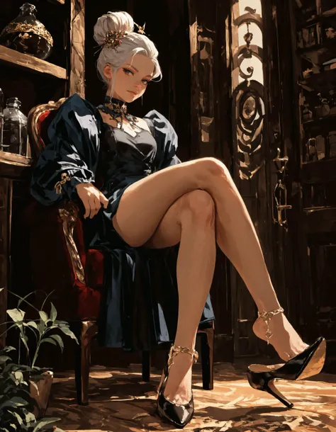 score_9, score_8_up, score_7_up, score_6_up, score_5_up, 1girl, crossed legs, hair ornament, hair bun, <lora:high_heels_shoe_dangle_24re_pony_0602_final:.9> high heels shoe dangle <lora:stormdelta:1>