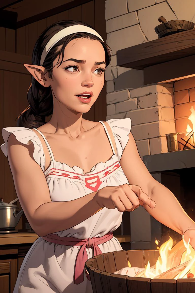 (masterpiece, best quality), female middle-aged, buoyant, inuit, dark brown eyes, pointed ears, wide nose, receding chin with cleft, unusual cheeks, low forehead, , pink french braid hair, joy wearing embroidered g-string, chemise set, bucket hat,, hair toss, tossing hair back, creating a dramatic and enticing effect, firelight, the flickering glow of a fireplace, bringing intimacy and warmth to the setting, a warm kitchen, with the scent of home-cooked meals and laughter of loved ones