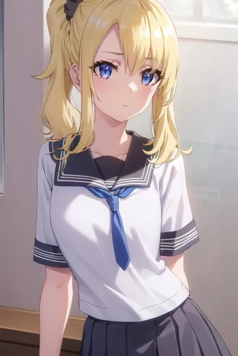 nodokatoyohama, <lora:nodoka toyohama s1-lora-nochekaiser:1>,
nodoka toyohama, bangs, blue eyes, blonde hair, hair ornament, sidelocks, side ponytail, scrunchie, hair scrunchie, blue scrunchie,
BREAK skirt, shirt, school uniform, white shirt, short sleeves, pleated skirt, necktie, serafuku, black skirt, sailor collar,
BREAK indoors, classroom,
BREAK looking at viewer, (cowboy shot:1.5),
BREAK <lyco:GoodHands-beta2:1>, (masterpiece:1.2), best quality, high resolution, unity 8k wallpaper, (illustration:0.8), (beautiful detailed eyes:1.6), extremely detailed face, perfect lighting, extremely detailed CG, (perfect hands, perfect anatomy),