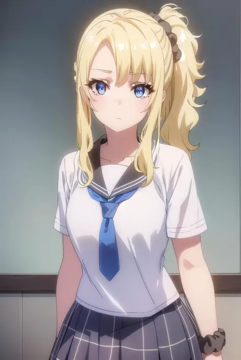 nodokatoyohama, <lora:nodoka toyohama s1-lora-nochekaiser:1>,
nodoka toyohama, bangs, blue eyes, blonde hair, hair ornament, sidelocks, side ponytail, scrunchie, hair scrunchie, blue scrunchie,
BREAK skirt, shirt, school uniform, white shirt, short sleeves, pleated skirt, necktie, serafuku, black skirt, sailor collar,
BREAK indoors, classroom,
BREAK looking at viewer, (cowboy shot:1.5),
BREAK <lyco:GoodHands-beta2:1>, (masterpiece:1.2), best quality, high resolution, unity 8k wallpaper, (illustration:0.8), (beautiful detailed eyes:1.6), extremely detailed face, perfect lighting, extremely detailed CG, (perfect hands, perfect anatomy),