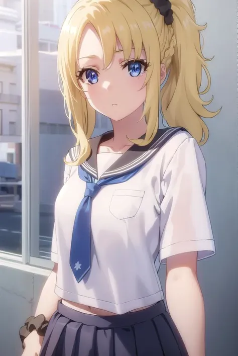nodokatoyohama, <lora:nodoka toyohama s1-lora-nochekaiser:1>,
nodoka toyohama, bangs, blue eyes, blonde hair, hair ornament, sidelocks, side ponytail, scrunchie, hair scrunchie, blue scrunchie,
BREAK skirt, shirt, school uniform, white shirt, short sleeves, pleated skirt, necktie, serafuku, black skirt, sailor collar,
BREAK indoors, classroom,
BREAK looking at viewer, (cowboy shot:1.5),
BREAK <lyco:GoodHands-beta2:1>, (masterpiece:1.2), best quality, high resolution, unity 8k wallpaper, (illustration:0.8), (beautiful detailed eyes:1.6), extremely detailed face, perfect lighting, extremely detailed CG, (perfect hands, perfect anatomy),