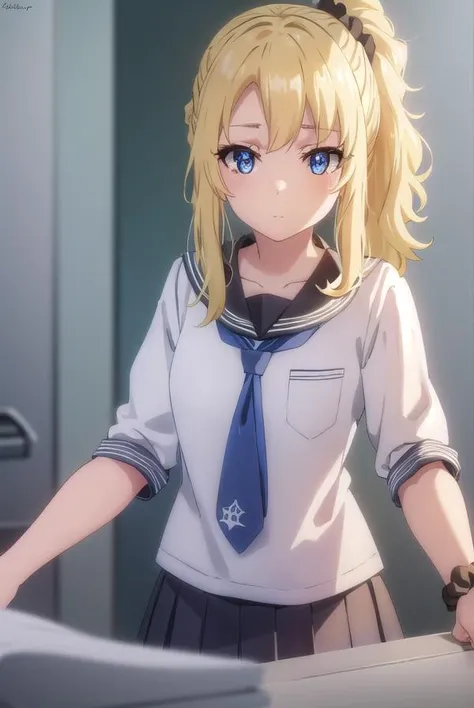 nodokatoyohama, <lora:nodoka toyohama s1-lora-nochekaiser:1>, 
nodoka toyohama, bangs, blue eyes, blonde hair, hair ornament, sidelocks, side ponytail, scrunchie, hair scrunchie, blue scrunchie,
BREAK skirt, shirt, school uniform, white shirt, short sleeves, pleated skirt, necktie, serafuku, black skirt, sailor collar,
BREAK indoors, classroom,
BREAK looking at viewer, (cowboy shot:1.5),
BREAK <lyco:GoodHands-beta2:1>, (masterpiece:1.2), best quality, high resolution, unity 8k wallpaper, (illustration:0.8), (beautiful detailed eyes:1.6), extremely detailed face, perfect lighting, extremely detailed CG, (perfect hands, perfect anatomy),