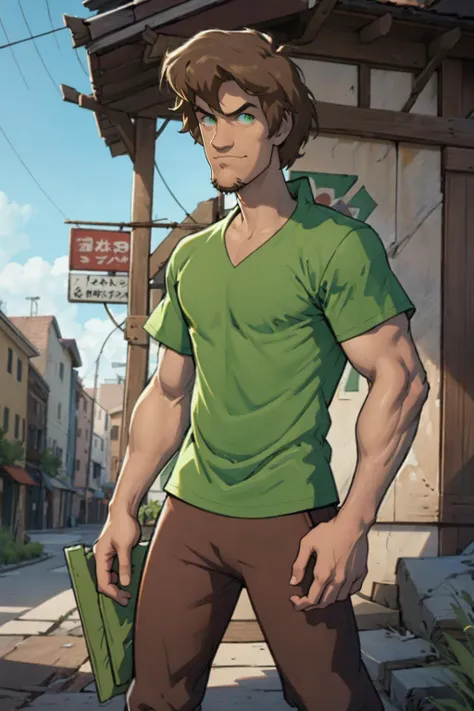 best quality, Mature male, Looking straight at the camera, <lora:Shaggy2V4:.8> shaggy rogers , green shirt, brown hair, goatee, brown pants, brown-green eyes